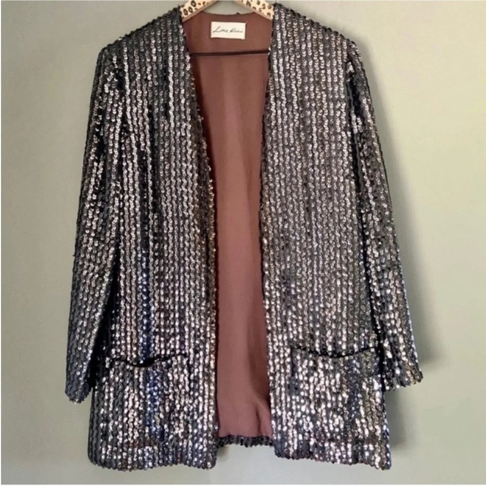 LILLIE RUBIN | VTG Open Silver Grey Lined Sequin Pocket Blazer Long Jacket